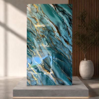 Panneau PVC marbre brillant – Bleu-vert et or