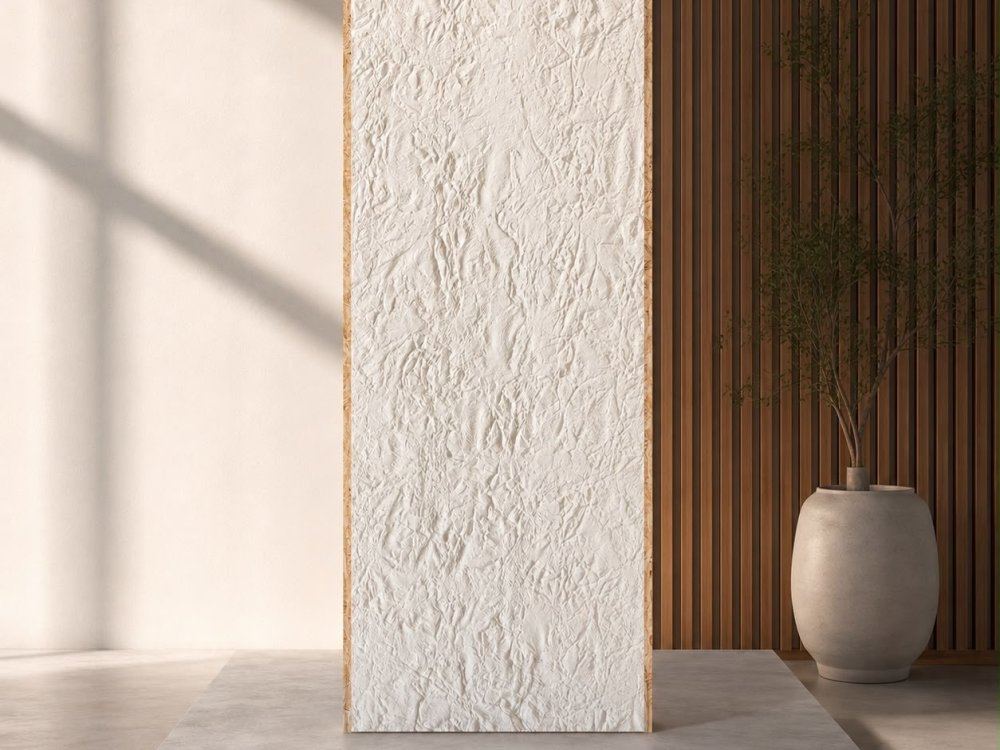 Panneau 3D imitation roche blanche pos&eacute; dans un salon