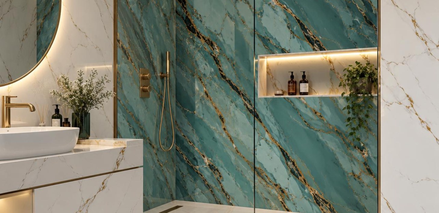 Salle de bain habillée de panneaux PVC marbre brillant bleu-vert et or (mise en situation)
